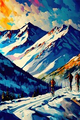 Beautiful winter mountain Landscape in Alps in oil painting style. Generative AI