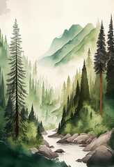 Beautiful river in forest in mountains water colour painting.
Digitally generated AI image.