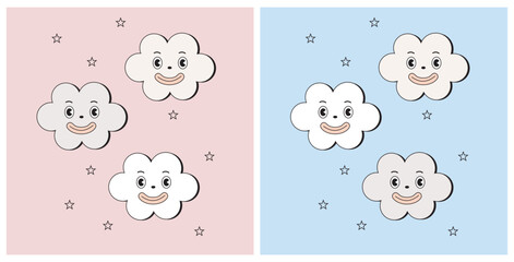 Groovy Cartoon Style Baby Shower Vector Illustrations with Smiling Clouds on a Light Blue and Pink Background. Baby Boy and Girl's Party Print ideal for Card, Wall Art, Poster. Cute Cloudy Sky Design.