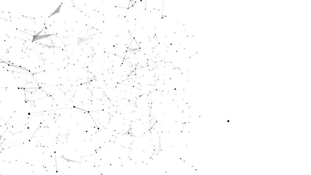 Geometric shapes connected by 3d render lines. Black transparent triangles connected by motion design lines. Black lexus 4k white background. Chaotic dots on a white background. Plexus background.