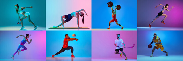 Collage. Different sportive people, professional athletes training isolated over multicolored...
