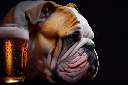 Dog bulldog head, face close up with beer glass, black background, drinking beer, canine generative ai