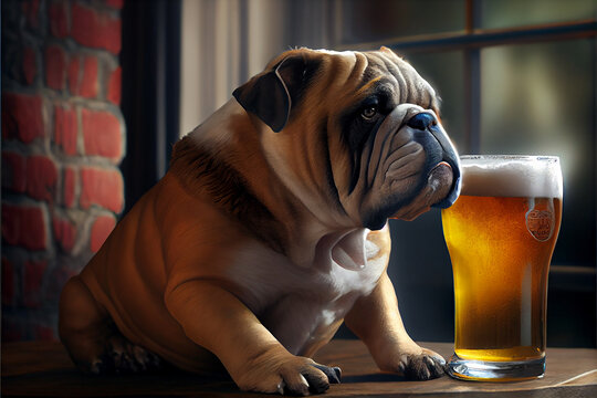 Sitting Bulldog with a glass of beer, high resolution, generative ai