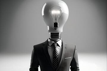 A Man with Bulb Glowing Head Look Like Have an Idea, Critical Thinking, Bright, Clever and Quick-witted in Business Suit - obrazy, fototapety, plakaty
