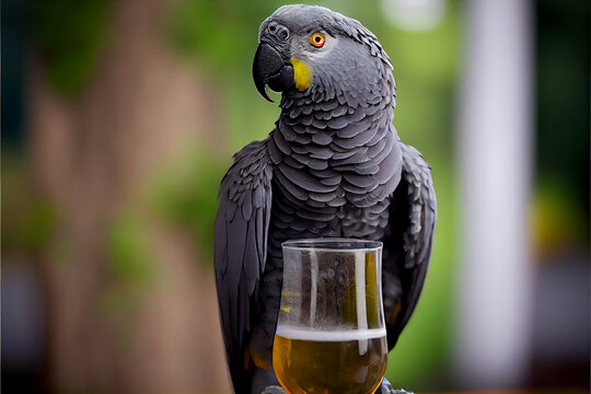 African grey parrot with a pint of beer, high resolution generative ai