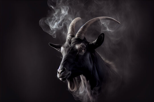Goat with horns on a black background surrounded by smoke, high resolution generative ai