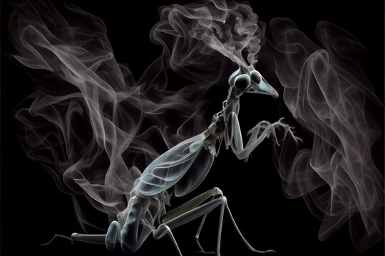 mantis silhouette created with smoke, insect, black background, ghost insect, predator, high resolution generative ai