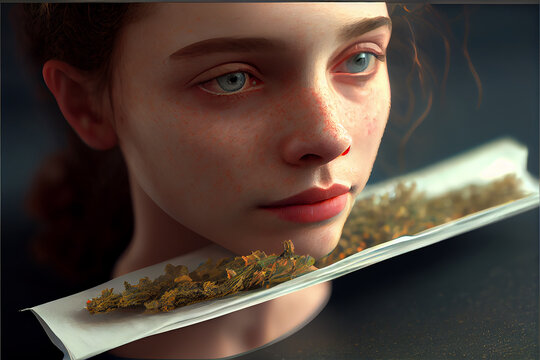 Girl with addiction to marijuana, cannabis, served, person, hemp, weed, joint, high resolution, generative ai