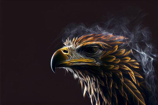 Eagle head portrait surrounded by smoke, black background, high resolution generative ai