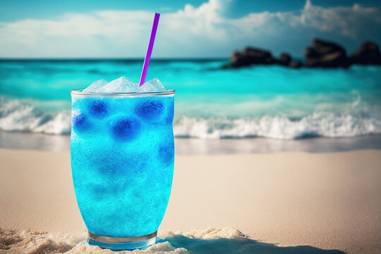 A colorful blue Italian soda or cocktail drink in the glass is placed on sand beach with the sea as background. Generative Ai image.