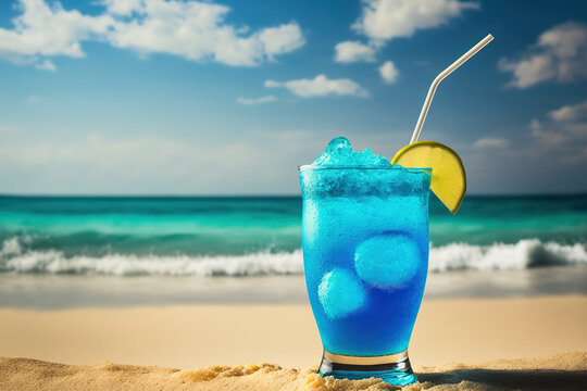 A colorful blue Italian soda or cocktail drink in the glass is placed on sand beach with the sea as background. Generative Ai image.