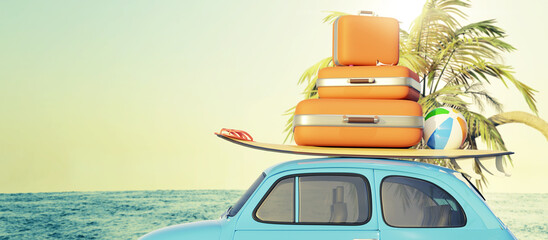 Retro small car with a surfboard and travel suitcases in front of the vast ocean, tourism concept, 3d rendering