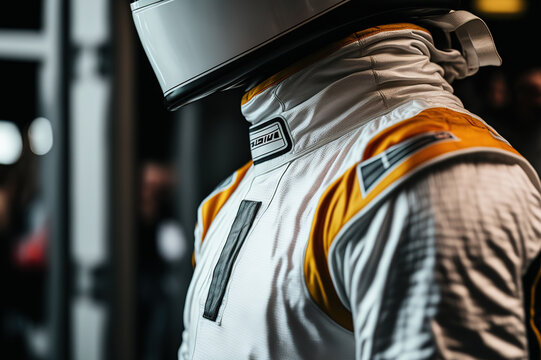 Close-up a the motorsport professional driver in fully racer PPE suit, extreme sport activity scene. Generative Ai image.