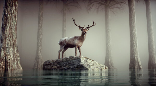 Deer in the nature habitat during misty morning.