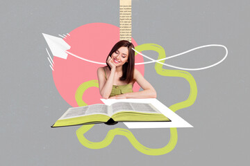 Creative photo 3d collage artwork poster picture of pretty lady reading fiction genre lovely book...
