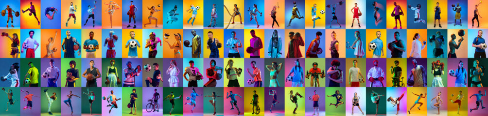 Sport collage of professional athletes on gradient multicolored neoned background. Concept of motion, action, active lifestyle, achievements, challenges. Football, soccer, basketball, tennis, boxing.