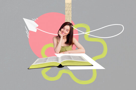 Creative photo 3d collage artwork poster picture of pretty lady reading fiction genre lovely book isolated on painting background