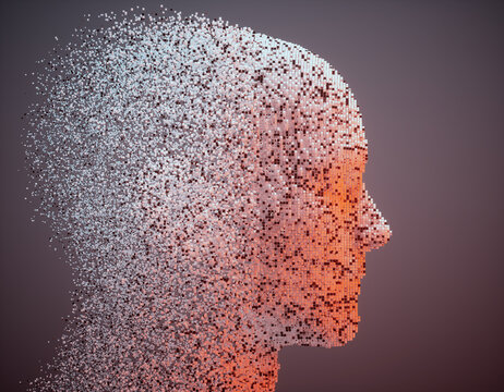3D dissolving human head made with cube particles.
