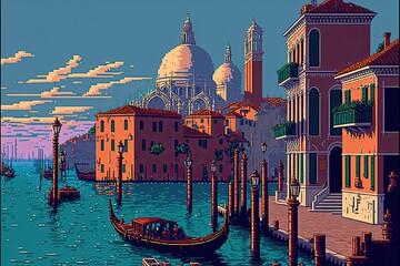 Pixel art city of Venice, grand canal of venice, cityscape background in retro style for 8 bit game, Generative AI
 - obrazy, fototapety, plakaty