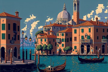 Pixel art city of Venice, grand canal of venice, cityscape background in retro style for 8 bit game, Generative AI
 - obrazy, fototapety, plakaty