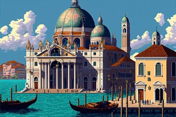 Fototapeta na wymiar Pixel art city of Venice, grand canal of venice, cityscape background in retro style for 8 bit game, Generative AI 