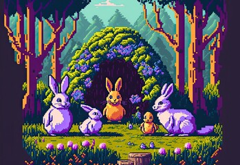 Pixel art easter scene with rabbits and eggs in garden, landscape background in retro style for 8 bit game, Generative AI