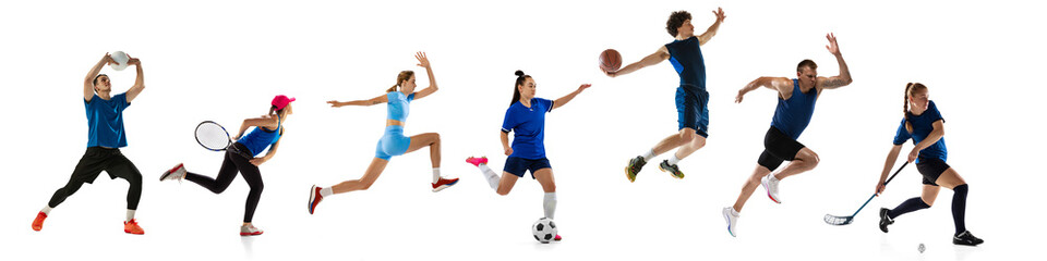 Collage. Different people in motion, action training, doing various sportive activity isolated over white background. Concept of sport, achievements. Volleyball, tennis, football, basketball, lacrosse