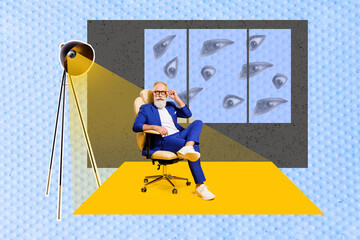 Creative photo 3d collage artwork poster postcard of successful retired man sitting modern office...