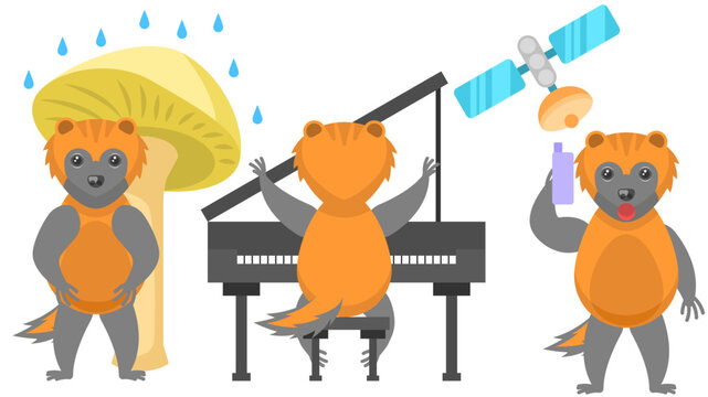 Set Abstract Collection Flat Cartoon Different Animal Wolverines Hiding From The Rain Under A Mushroom, Plays The Piano, Talking On Cell Phone Vector Design Style Elements Fauna Wildlife