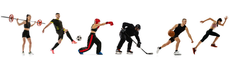 Sport collage of professional athletes training on white studio background. Concept of sportive lifestyle, competition, achievements. Mma, football, hockey, basketball, football, runner, bodybuilder
