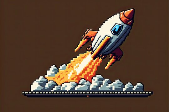 Pixel art rocket flying from laptop, startup concept, background in retro style for 8 bit game, Generative AI