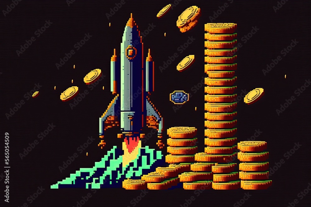 Wall mural Pixel art rocket and stack of coins, startup concept, background in retro style for 8 bit game, Generative AI