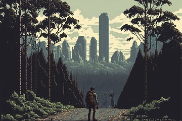 Pixel art landscape of post-apocalyptic world, city in zombie apocalypse, landscape background in retro style for 8 bit game, Generative AI
 - obrazy, fototapety, plakaty