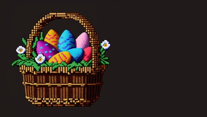 Fototapeta na wymiar Pixel art basket with easter eggs on black background with copy space, background in retro style for 8 bit game, Generative AI