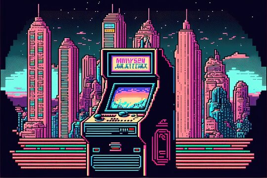 Pixel art slot machine, arcade with city background in retro style for 8 bit game, Generative AI