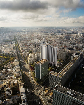 High elevation view of Paris cityscape.