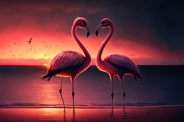 pair of flamingos enjoying a romantic sunset stroll on a beach on Valentine's Day. generative ai