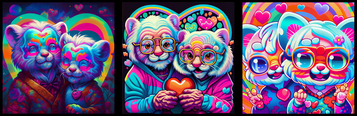 Couple of elderly multicolored tigers with hearts. AI generative.