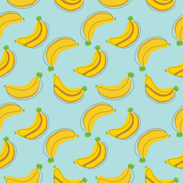 Hand Drawn Bananas Seamless pattern on blue background, Yellow Fruits. Cute Banana Vector Illustration.
