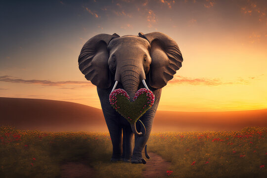elephant holding heart-shaped flowers, standing on a field with a romantic sunset view, celebrating Valentine's Day. generative ai