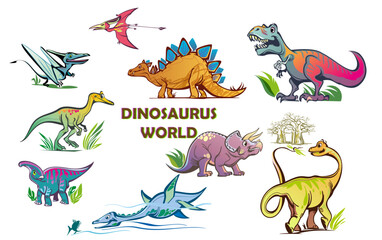 Set of dinosaurs in bright colors, Vector illustrations of dinosaurs