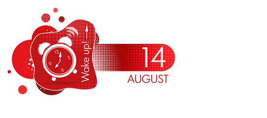 August 14th. Day 14 of month, Calendar date. White alarm clock on red background with calendar date. Concept of time, deadline, time to work, morning. Summer month, day of the year concept.
