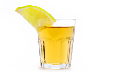 glass of alcoholic drink with lemon, distilled from sugar cane, called in Brazil 