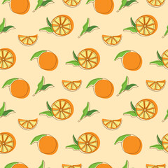 Hand Drawn Orange with leaves Seamless pattern on orange background, Slice Fruits. Cute Orange Vector Illustration.