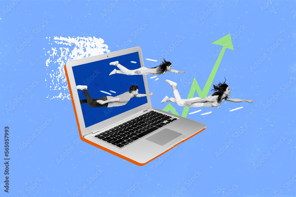 Poster Creative abstract template graphics collage image of modern device flying purposeful workers isolated drawing background