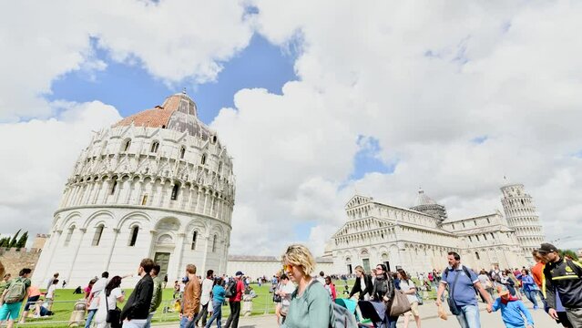 PISA, ITALY - APRIL 30, 2018: Time Lapse Of Miracles Square With Tourists. Pisa Attracts 5 Million People Annually