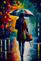 Woman with umbrella walking in the rain, colorful oil painting, made with Generative AI