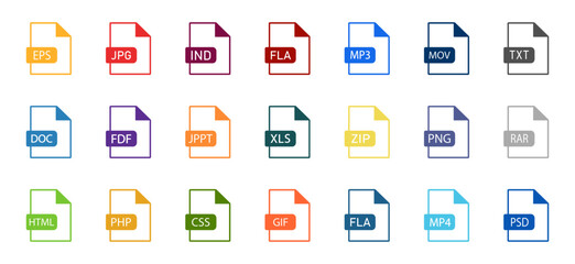 Document file icons vector set. Set of file formats icons template. Vector illustration. 