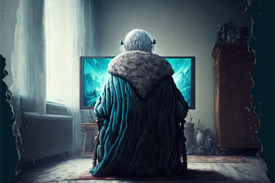 An Old Woman Watching The TV Alone. Generative AI