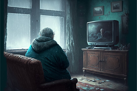 An Old Woman Watching The TV Alone. Generative AI